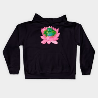 Green frog on pink flower Kids Hoodie